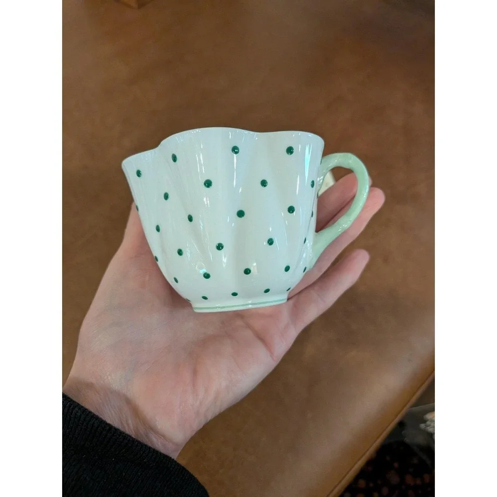 Shelley England Dainty Green Polka Dot Teacup and Saucer Fine Bone China 13748